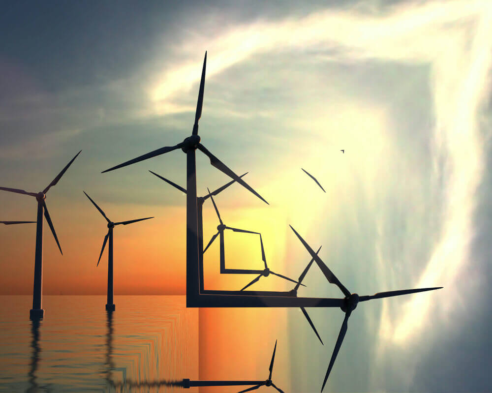 inception wind turbines sea sunset